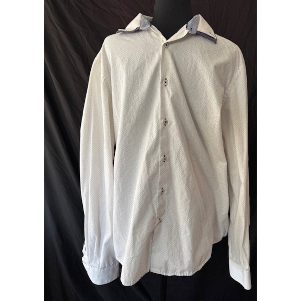 Denim & Flower Ricky Singh Mens XL White Blue Micro Dot Cotton Button Down Shirt